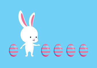 Happy Easter bunny with painted egg vector. White Easter bunny vector. Easter greeting card with copy space for text. Pink and blue easter egg vector