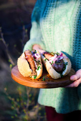 Hot dogs with sausages and chimichurri..style rustic