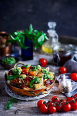 Fototapeta na wymiar Pasta with Grilled Eggplant, Smoky Tomato Sauce and Basil Walnut Pistou .style rustic.selective focus