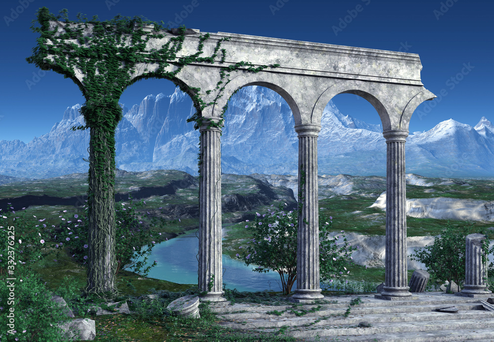 Wall mural 3d rendered fantasy landscape with greek temple ruins - 3d illustration