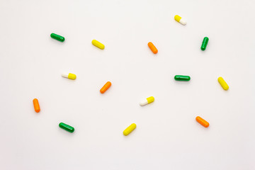 Assortment pharmaceutical tablets, capsules, pills isolated on white background