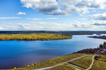 Top view of the river and forest in summer