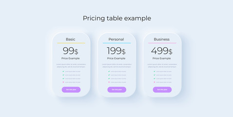 Price table concept in realistic neuromorphism vector design. Pricing or subscription plan ui web elements. Website marketing or promotion interface template. Product comparison table. - obrazy, fototapety, plakaty