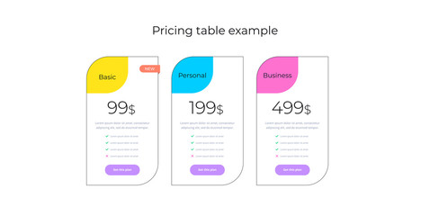 Fototapeta na wymiar Price table concept in realistic neuromorphism vector design. Pricing or subscription plan ui web elements. Website marketing or promotion interface template. Product comparison table.