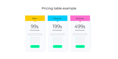 Price table concept in realistic neuromorphism vector design. Pricing or subscription plan ui web elements. Website marketing or promotion interface template. Product comparison table.