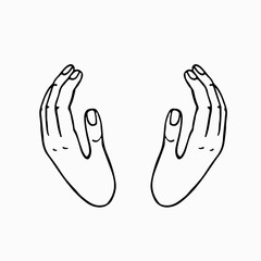 Hand drawn two palms, concept of protection and security. Protecting hands for logo, icon. Warning propaganda poster. Stock outline doodle vector illustration isolated on white background.