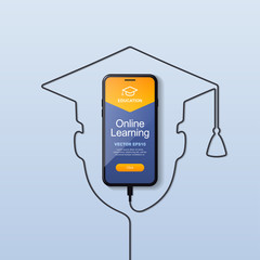 The smartphone is charging via usb wire. The interface of the website or application for online learning for an educational institution. The logo of the square academic cap. Vector eps 10.