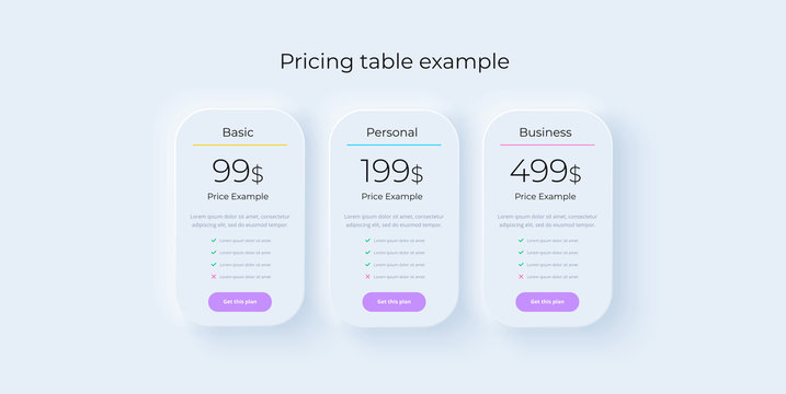 Price Table Concept In Realistic Neuromorphism Vector Design. Pricing Or Subscription Plan Ui Web Elements. Website Marketing Or Promotion Interface Template. Product Comparison Table.