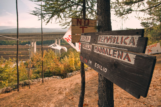 No tav flag in front of the tav high speed railway construction site in chiomonte, italy