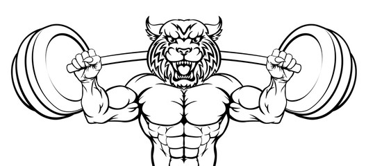 A wildcat animal body builder sports mascot weight lifting a barbell