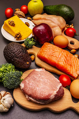 Trendy ketogenic diet products set. Paleo, pegan low carbs nutrition