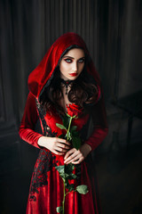 Portrait young gothic woman. velvet costume dress with hood. Loose wavy hair. Black beautiful...