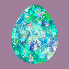 Watercolor Easter egg in pink colors. Easter design element. Oval shape, egg. Logo card. Seasonal, holiday.With a beautiful floral pattern, daisy flower, forget-me-not leaves, wild herbs. Watercolor 