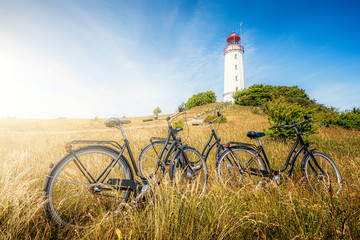 Bicycle trip to famous Lighthouse Dornbusch on beautiful island Hiddensee