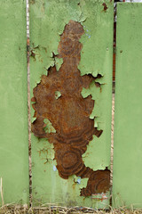 green metal rusting fence, paint peeled off it