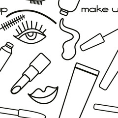 Vector seamless linear pattern with cosmetic products: mascara,brow pensil,tone cream, lipstic, eye with lashes and lips. Minimalism, line art. Black and white feminine design.