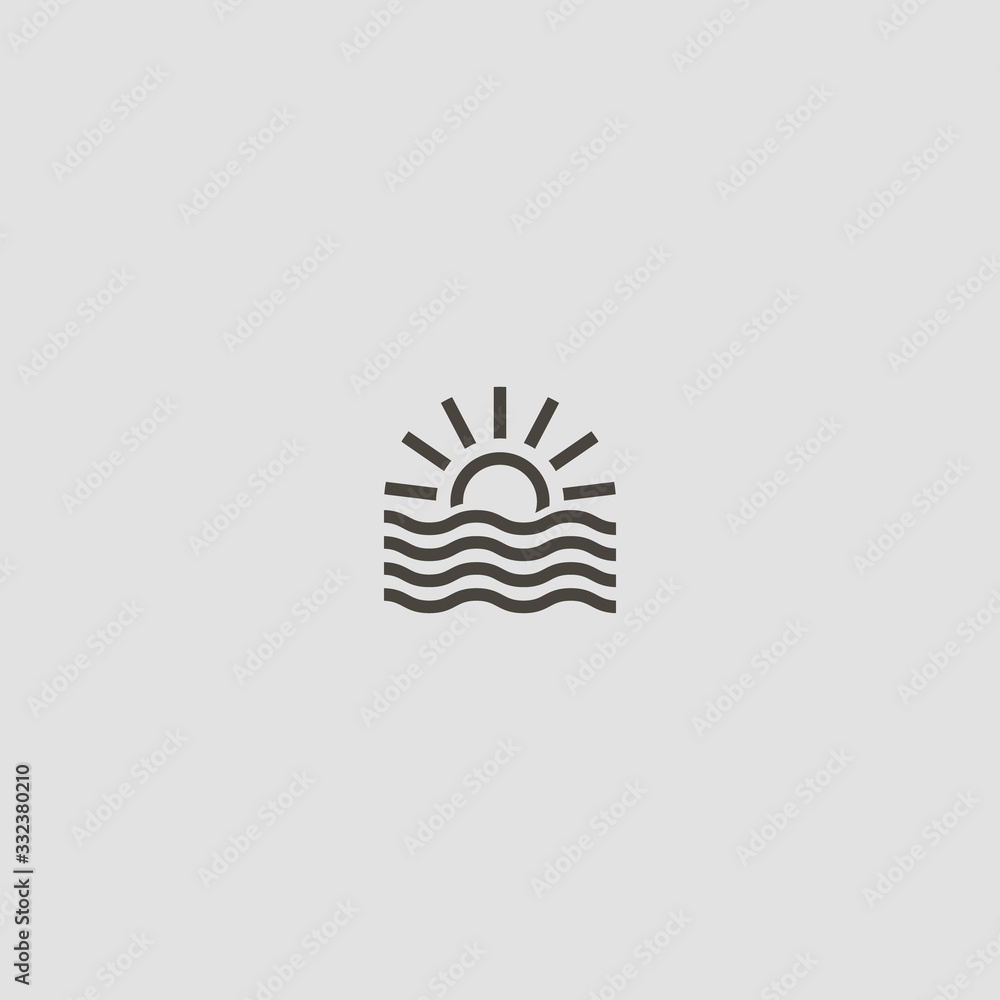 Wall mural black and white simple vector line art outline sign of sun rising over the water waves