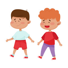 Sociable Boys Walking Together and Smiling Vector Illustration