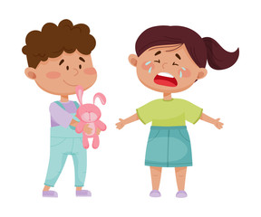 Friendly Little Boy Comforting His Crying Friend Vector Illustration