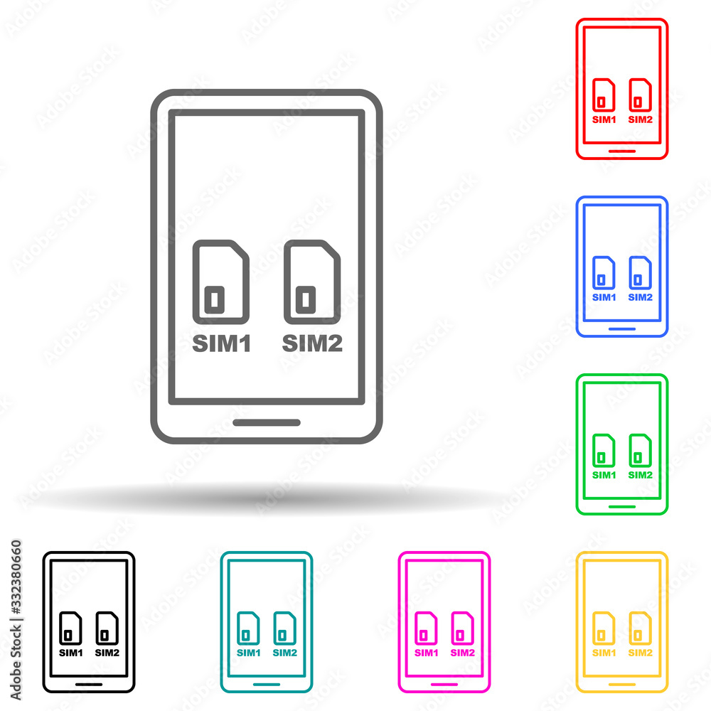 Aufkleber dual sim card phone multi color set icon. simple thin line, outline of telecommunication icons for u