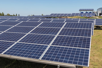 rows array of polycrystalline silicon solar cells or photovoltaics cell in solar plant station convert light energy from the sun into electricity alternative renewable energy efficiency from the sun