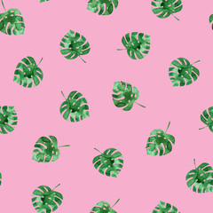 Seamless pattern with watercolor monstera leaves. Beautiful modern tropical texture. Green leaves on pink background.