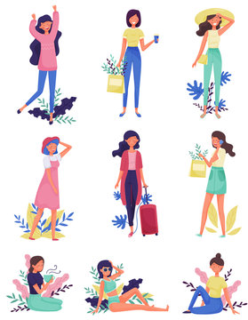 Girls Characters Doing Different Activities Vector Illustrations Set. Young Female Speaking by Phone and Drinking Hot Beverage