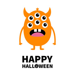 Happy Halloween. Orange monster with many eyes, tongue and teeth. Funny Cute cartoon kawaii character. Baby collection. Flat design. Greeting card. Isolated. White background.