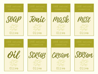 Set of labels for olive cosmetics packaging design. Organic cosmetics and natural care.