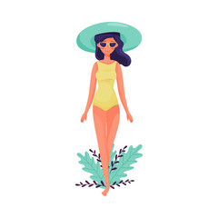 Dark-haired Girl in Sunglasses and Swimsuit Walking Along the Beach Vector Illustration