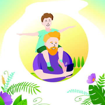 Father and son smiling happily take a selfie. Happy family travels. Vector illustration. Poster, card family travel day. Family and parenthood, parenting, father walks with the child in nature.