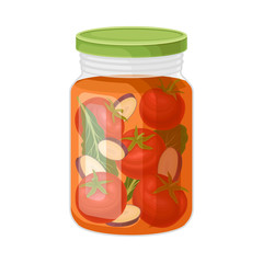 Glass Jar with Preserved Salad of Tomatoes and Cucumbers Vector Illustration