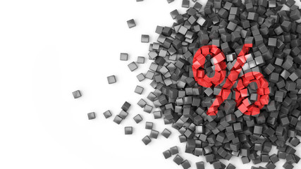 concept of discounts and sales percent sign on scattered black cubes with empty place for text 3d rendr on white gradient