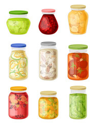 Glass Jars with Preserved Vegetables and Stewed Fruit Vector Set