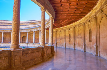 Walk the gallery of Carlos V Palace, Alhambra, Granada, Spain