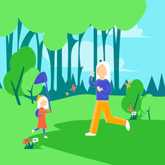Mom and daughter catch a butterfly Cartoon vector illustration