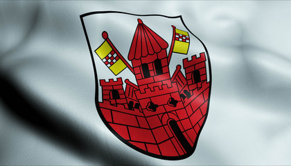 3D Waving Germany City Coat of Arms Flag of Unna Closeup View