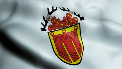 3D Waving Germany City Coat of Arms Flag of Tubingen Closeup View