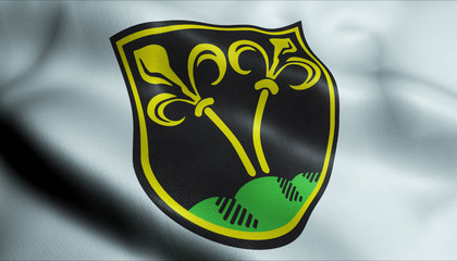 3D Waving Germany City Coat of Arms Flag of Traunstein Closeup View