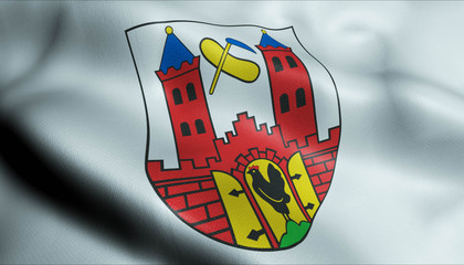 3D Waving Germany City Coat of Arms Flag of Suhl Closeup View