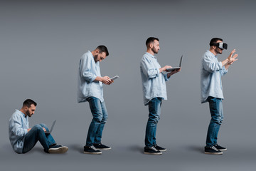 collage of bearded man using gadgets on grey, evolution concept