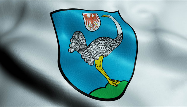 3D Waving Germany City Coat of Arms Flag of Strausberg Closeup View