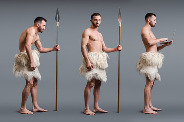 collage of muscular caveman with spear and laptop on grey, evolution concept