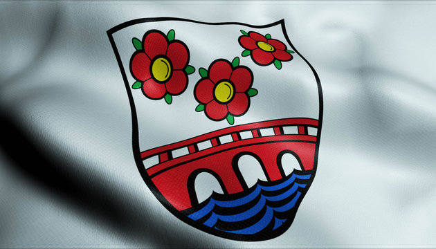 3D Waving Germany City Coat of Arms Flag of Simbach am Inn Closeup View