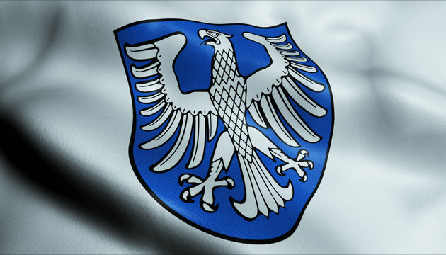 3D Waving Germany City Coat of Arms Flag of Schweinfurt Closeup View
