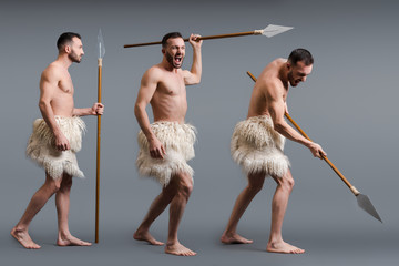 collage of shirtless caveman with spear on grey, evolution concept