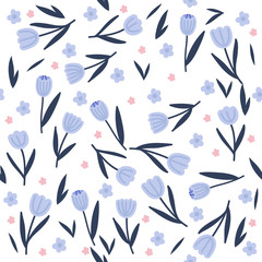 Tulips hand drawn seamless pattern. Spring, fresh flowers drawing. Backdrop with tulips. Botanical wrapping paper, textile, vector illustration .