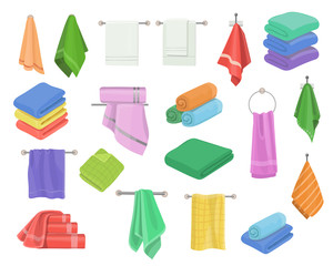 Bath shower towels in stack set. Kitchen towel hanging on ring, textile rolls for spa. Cartoon vector hygien bathroom objects