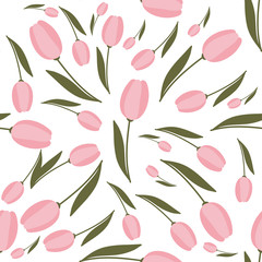 Tulips hand drawn seamless pattern. Spring, fresh flowers drawing. Backdrop with tulips. Botanical wrapping paper, textile, vector illustration .