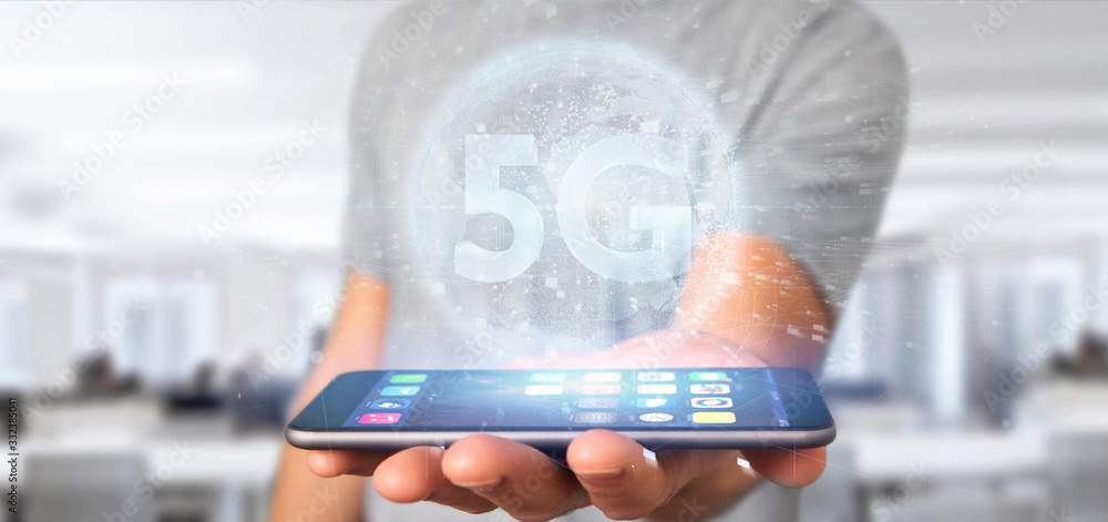 Poster businessman holding a 5g connection with data surrounding - 3d rendering